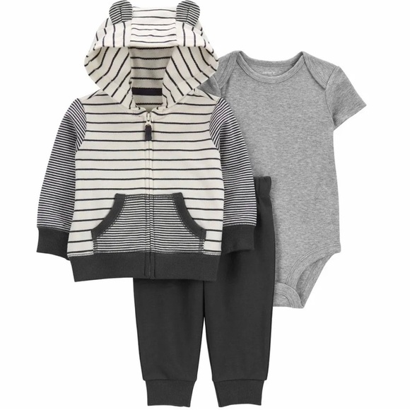 CARTER'S 3-Piece Little Jacket Set 3D Ears Baby Boy Grey Heathered newborn NWT - Picture 1 of 11